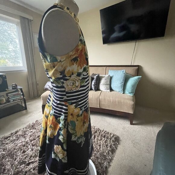 DB Estb 1962 Navy White Yellow Spring Summer Floral Striped Pleated Dress Sz 16 - Picture 9 of 15